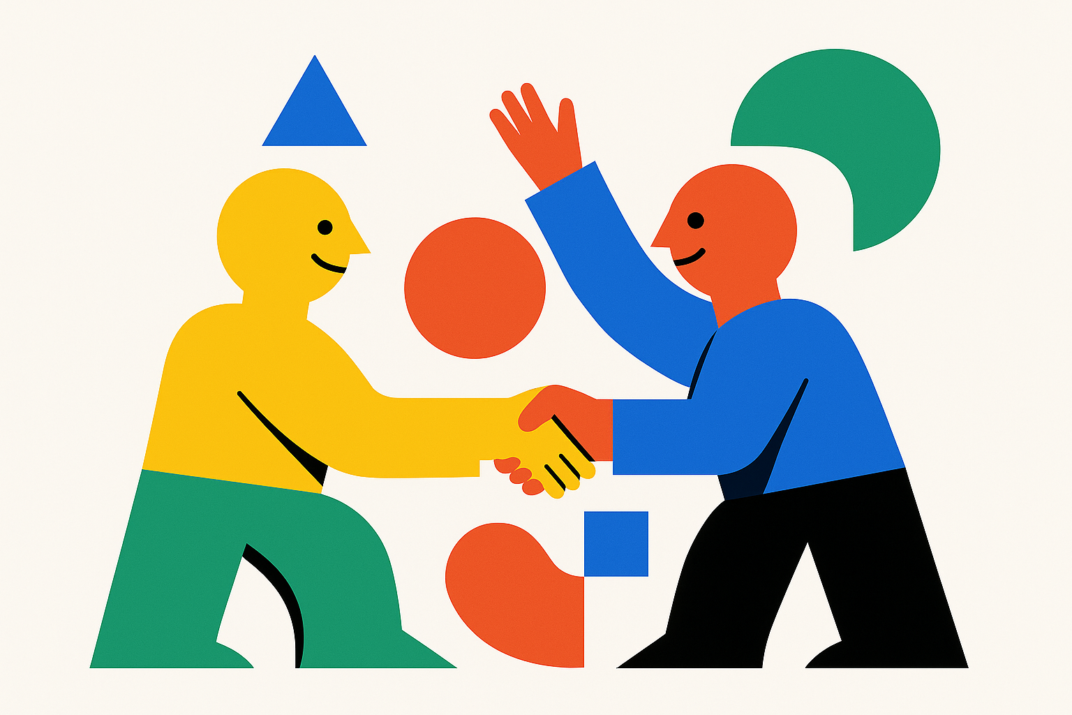 Due figure stilizzate che si stringono la mano tra forme geometriche vivaci