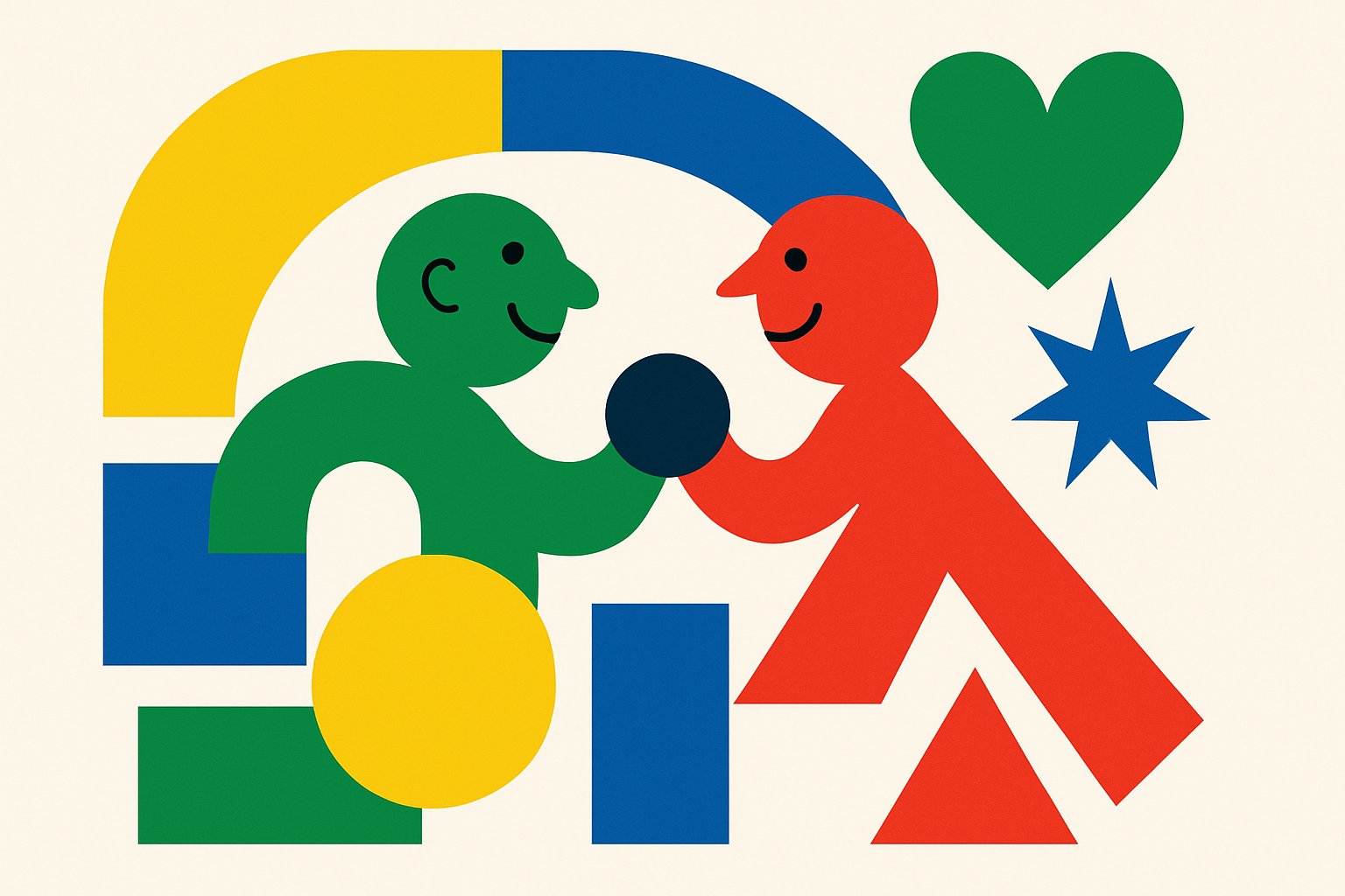 Illustrazione moderna con due figure stilizzate che condividono idee attraverso forme geometriche colorate