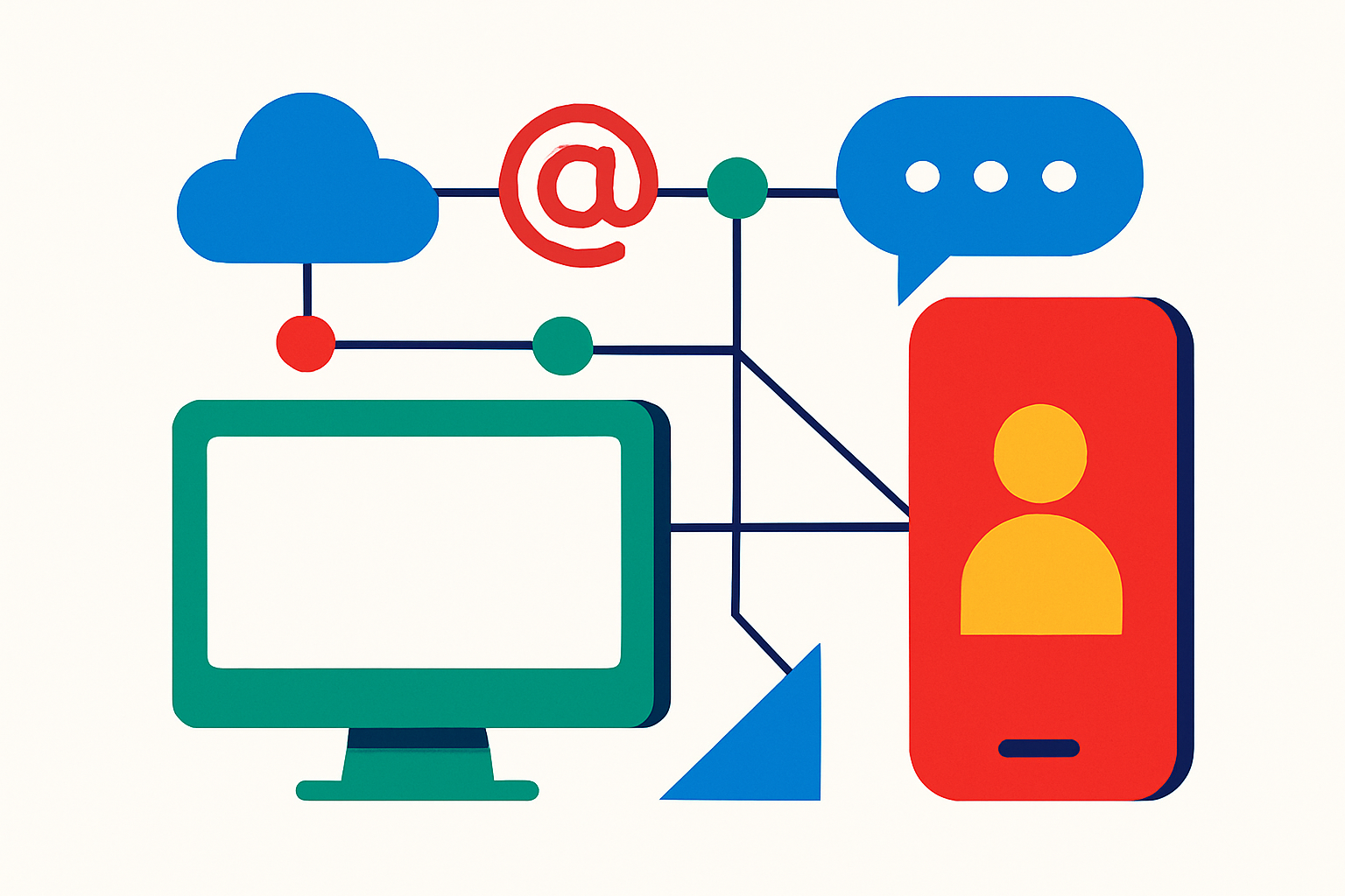 Illustrazione di rete digitale con computer, smartphone e simboli di connessione