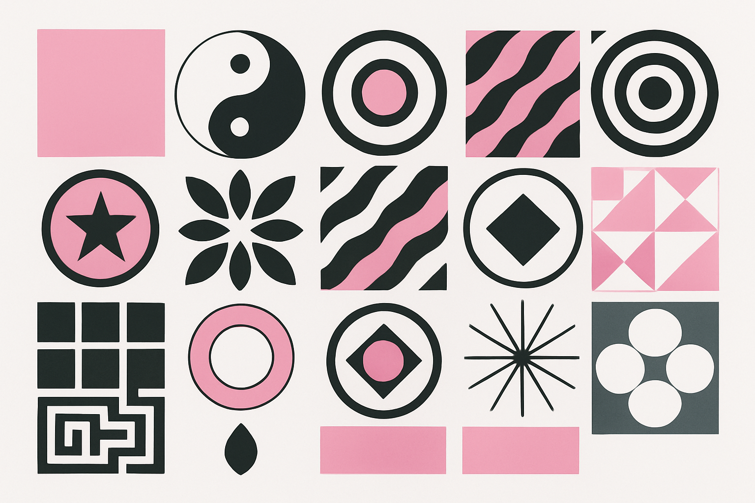 Griglia di simboli e motivi geometrici in magenta e nero su fondo chiaro che rappresenta l’identità visiva del marchio