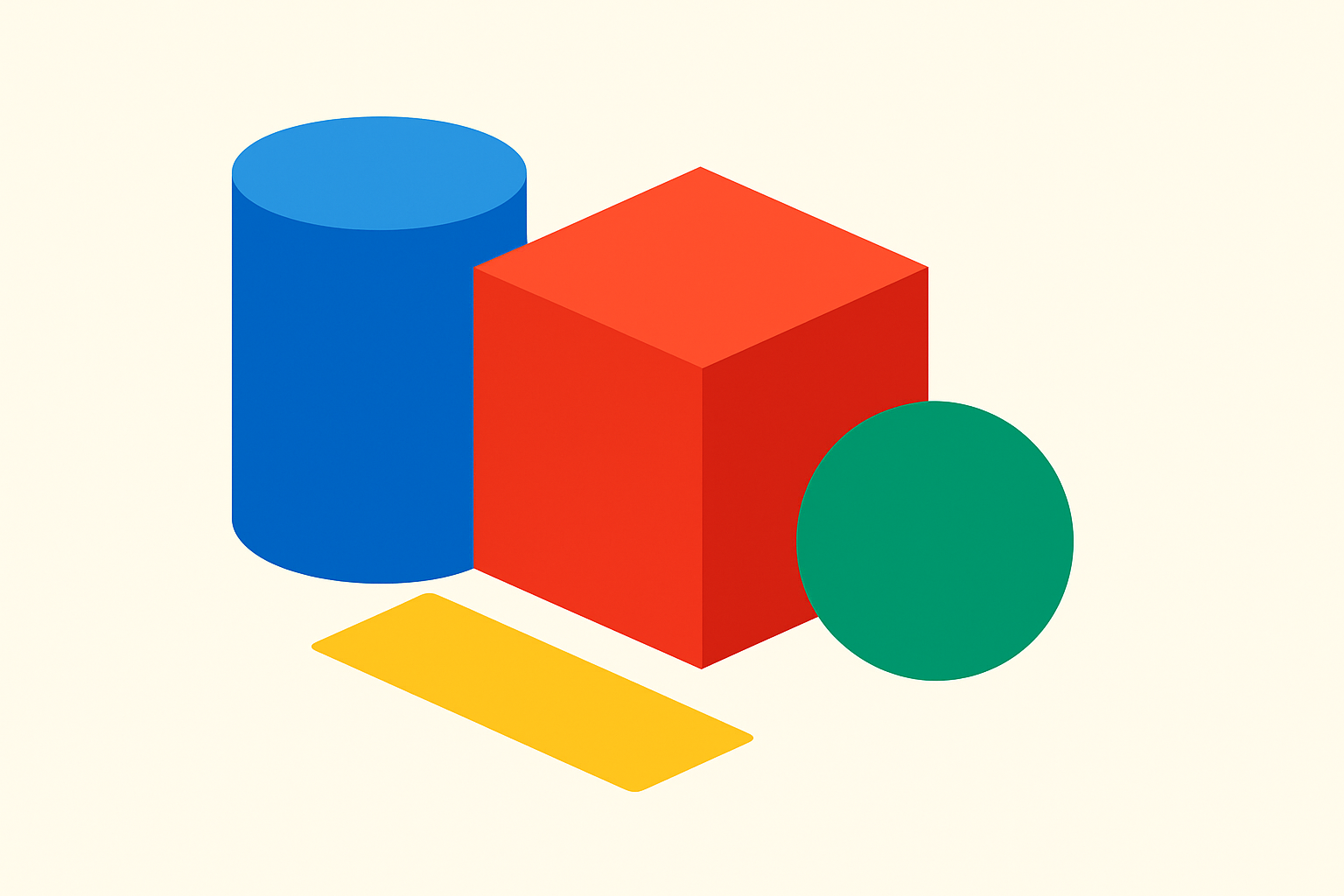 Composizione di solidi 3D colorati – cilindro, cubo e sfera – che rappresenta la modellazione 3D e il rendering
