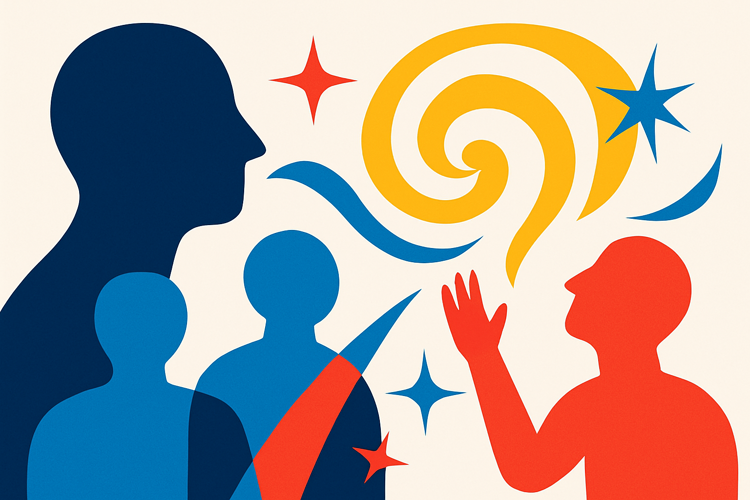 Illustrazione con figure astratte, spirali e stelle che evocano creatività e pubblicità